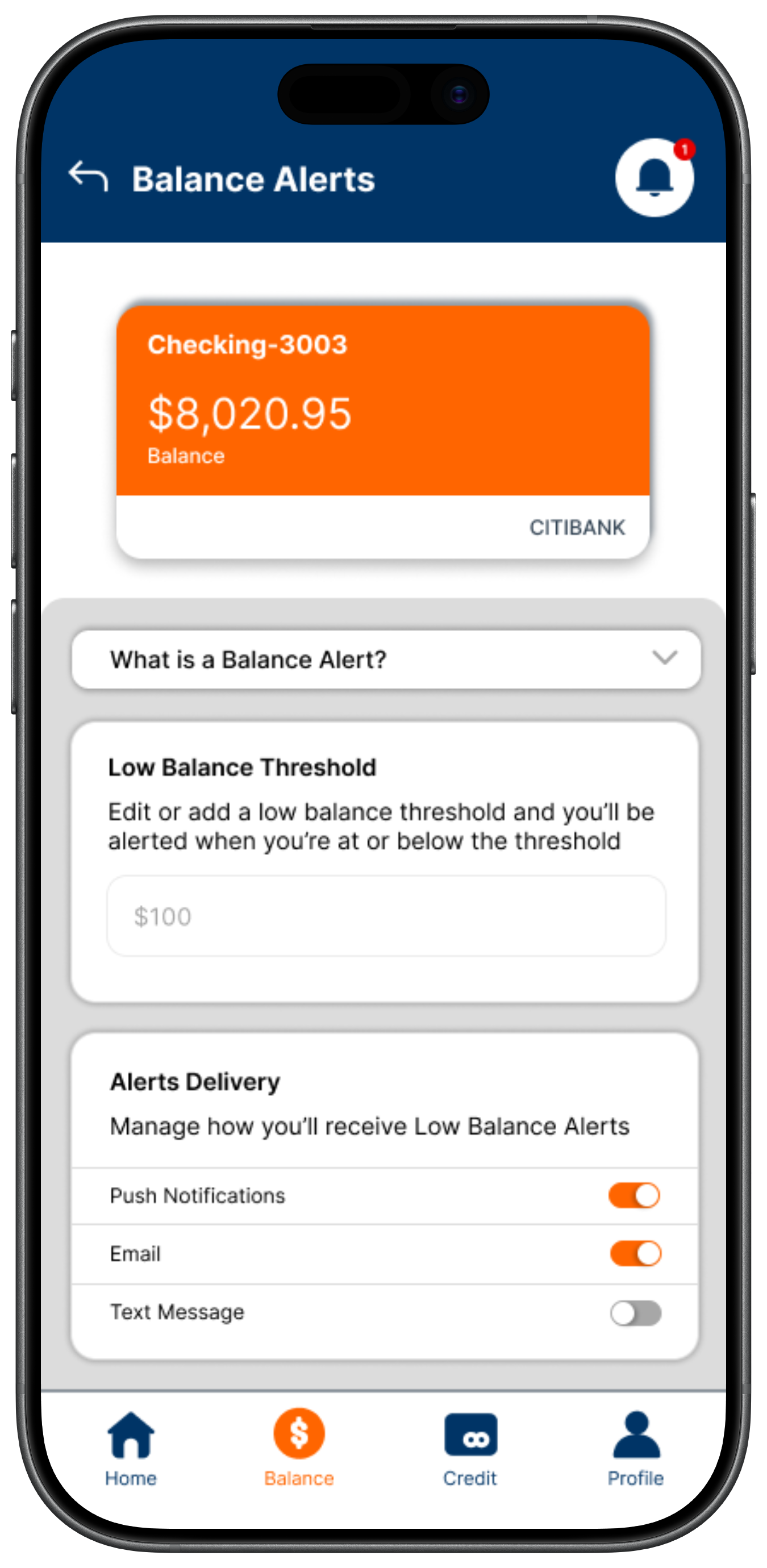 CampusCash app's balance alerts page on Figma