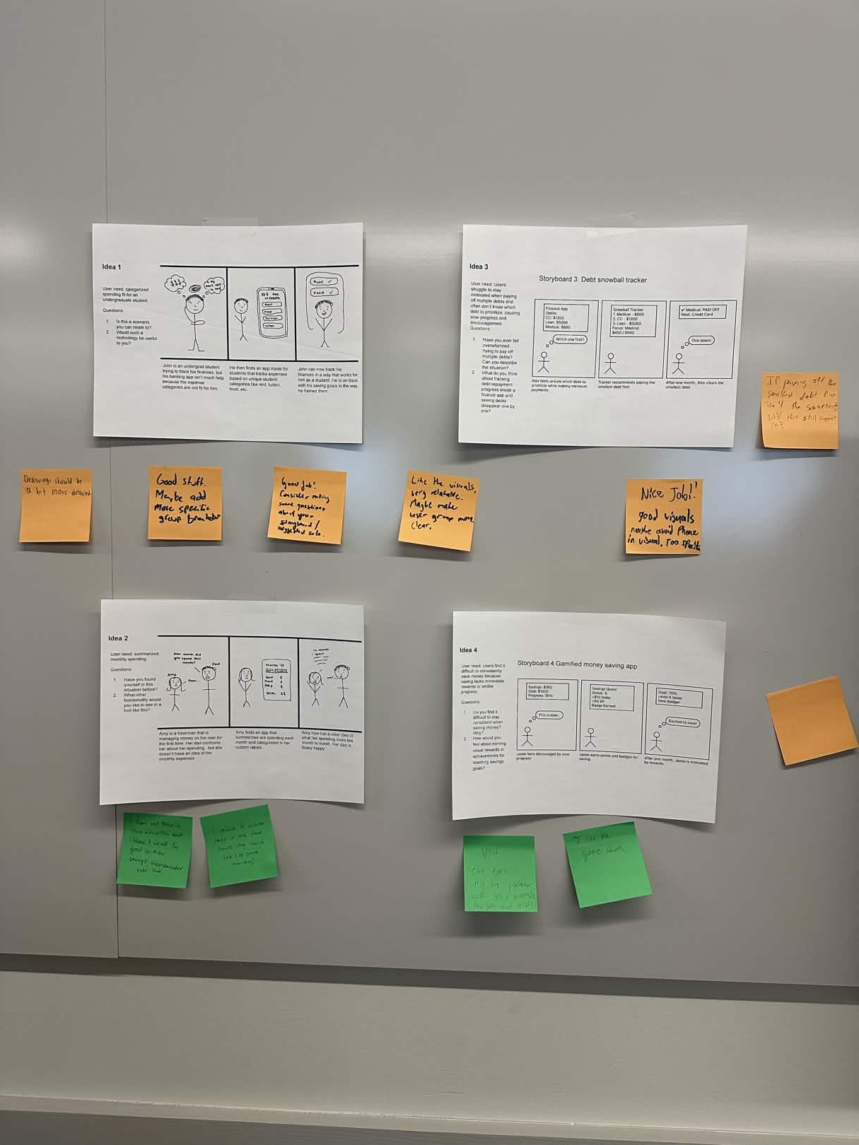 Storyboard sketches showing four different concepts of CampusCash with post-it notes of idea feedback