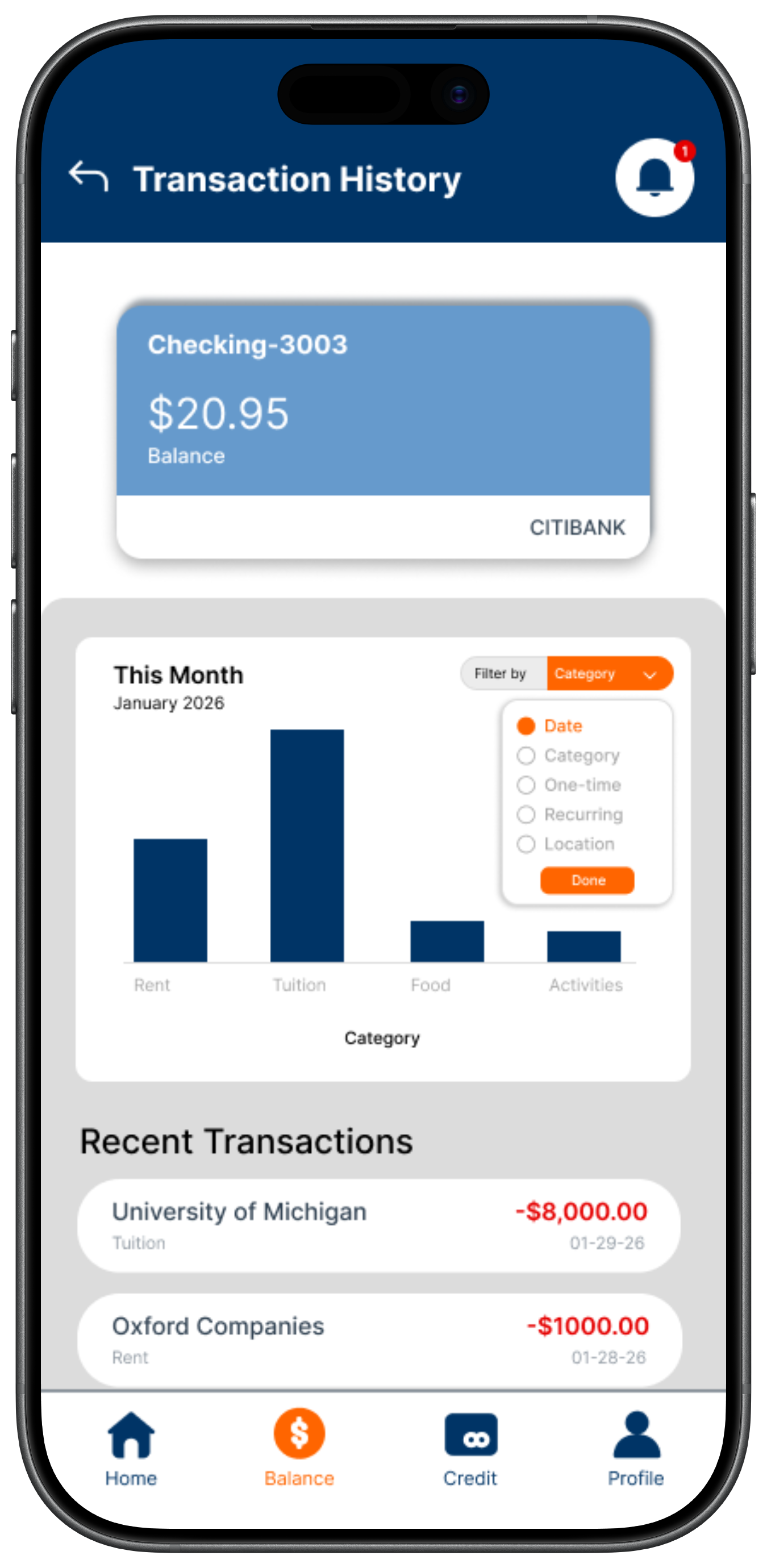CampusCash app's transaction history page on Figma
