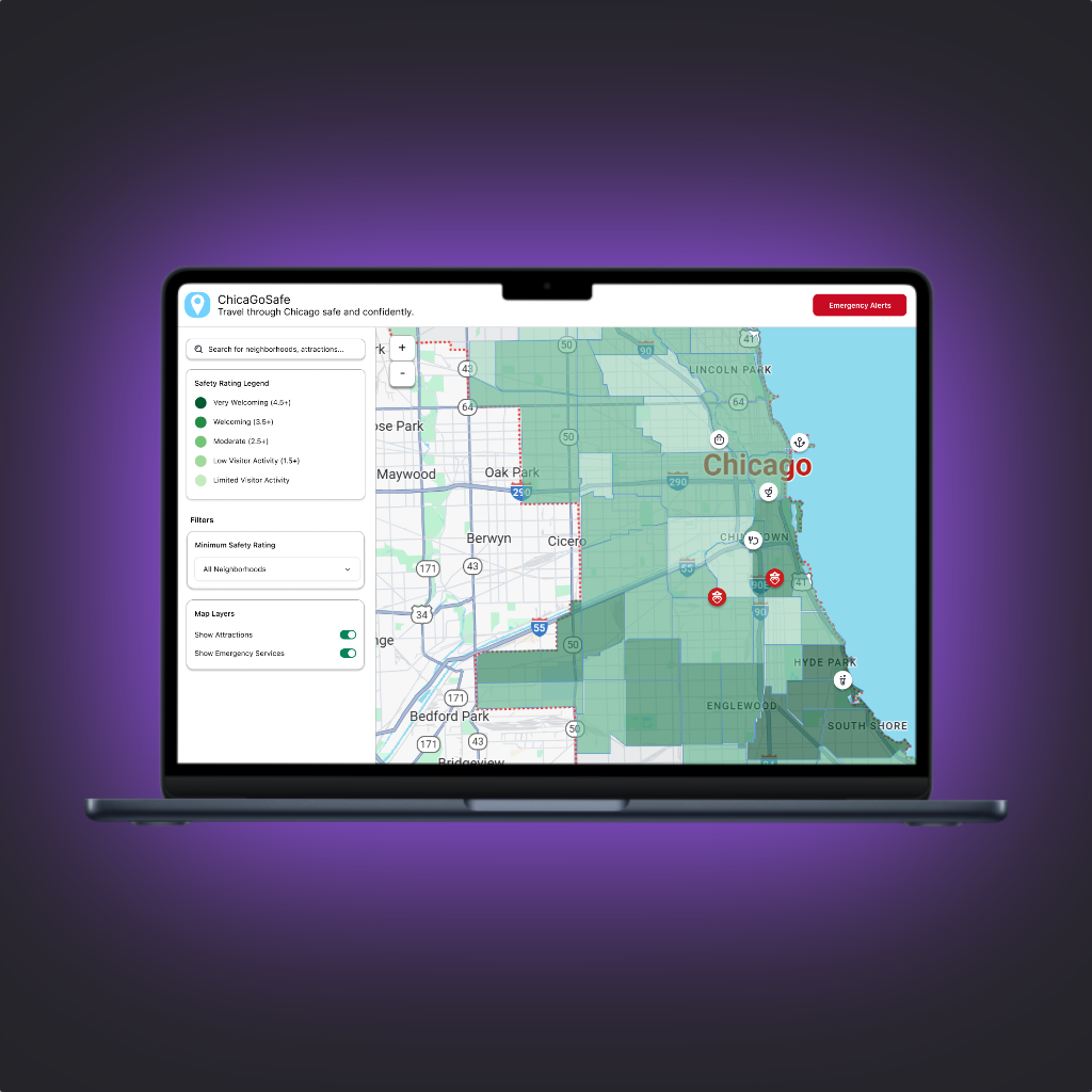 Desktop interface of ChicaGoSafe showing a map of Chicago separated by neighborhood with safety information and resources