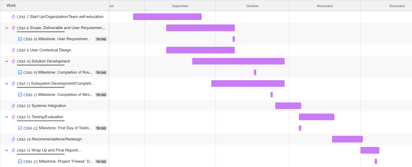 Gantt chart showing the project timeline and milestones for ChicaGoSafe