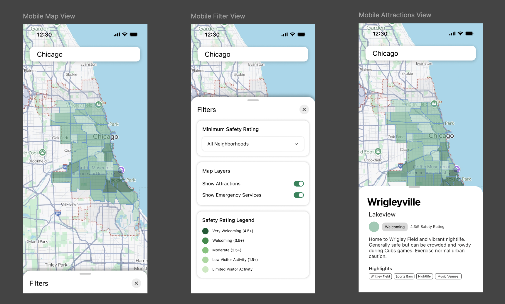 Figma prototype of ChicaGoSafe's map, filters, and attractions views