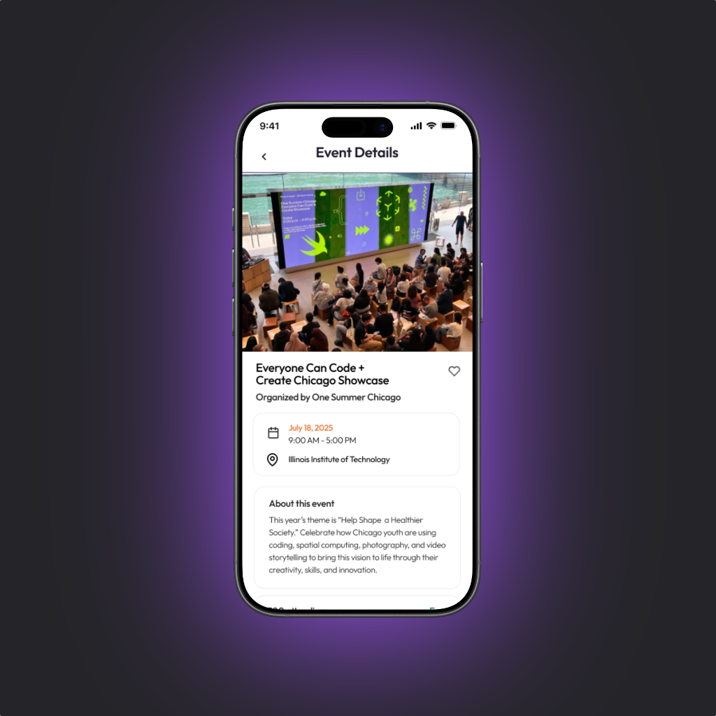 ECC App mobile interface displaying information about the showcase event